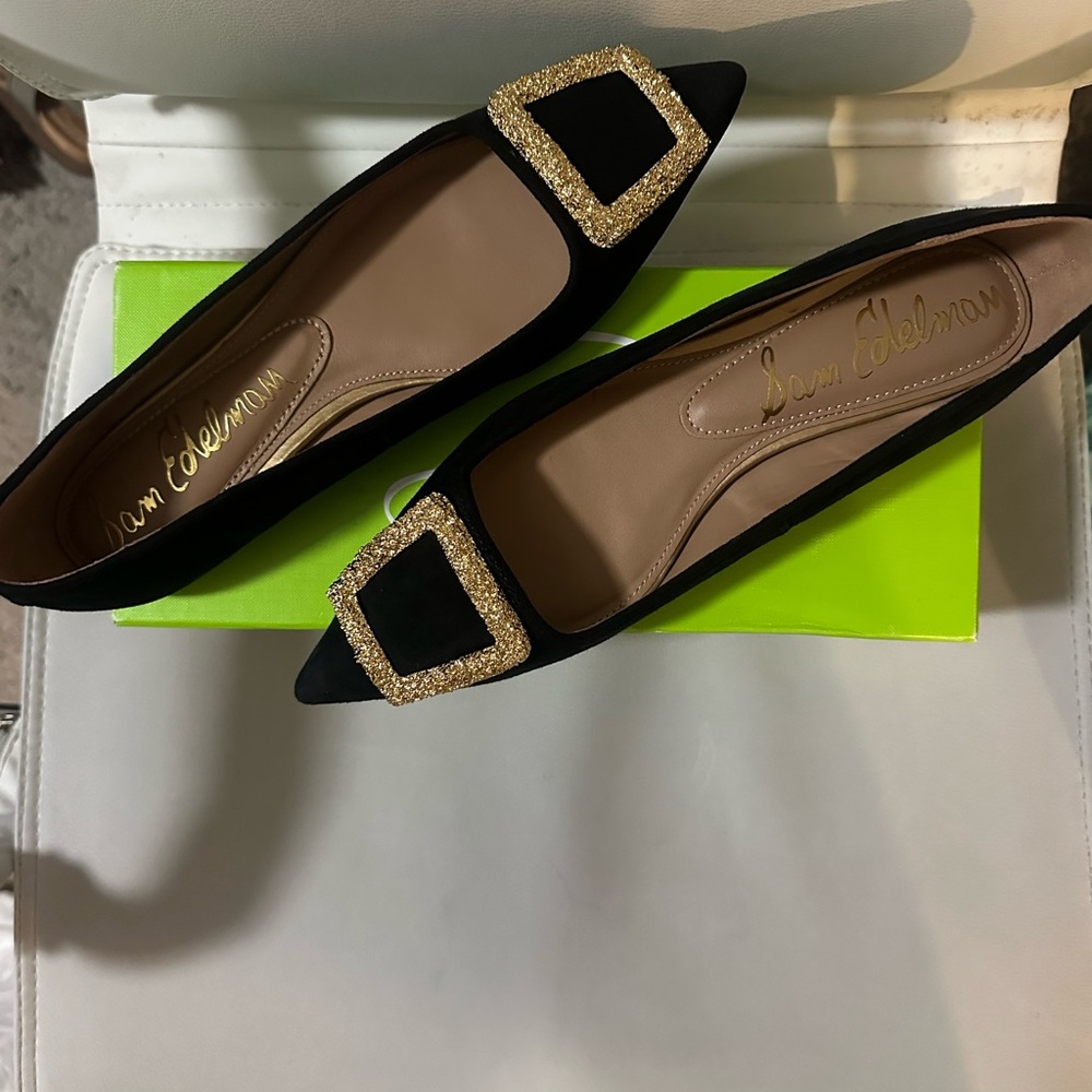 Sam Edelman Black Flats with Gold Buckles